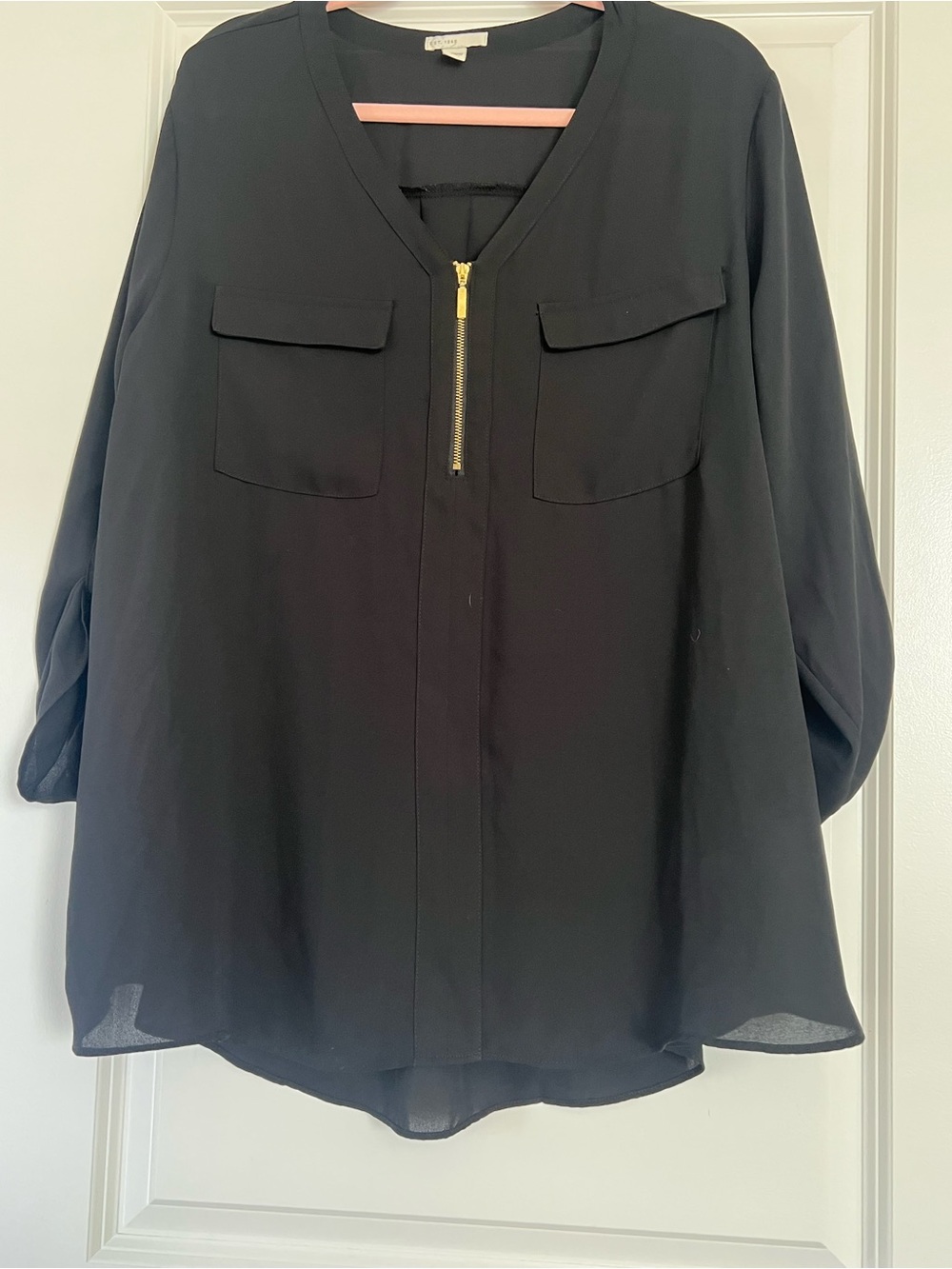 C EST 1946 Black V-Neck Blouse with Gold Zip and Front Pockets